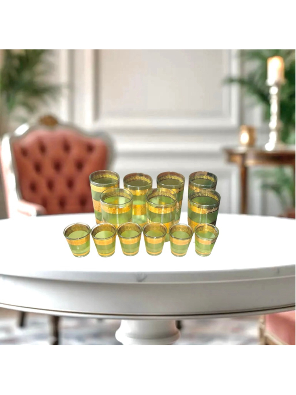 Culver/Starlyte 22K Gold Bands Green 7 Highball/6 Shot Glasses Raised Letters
